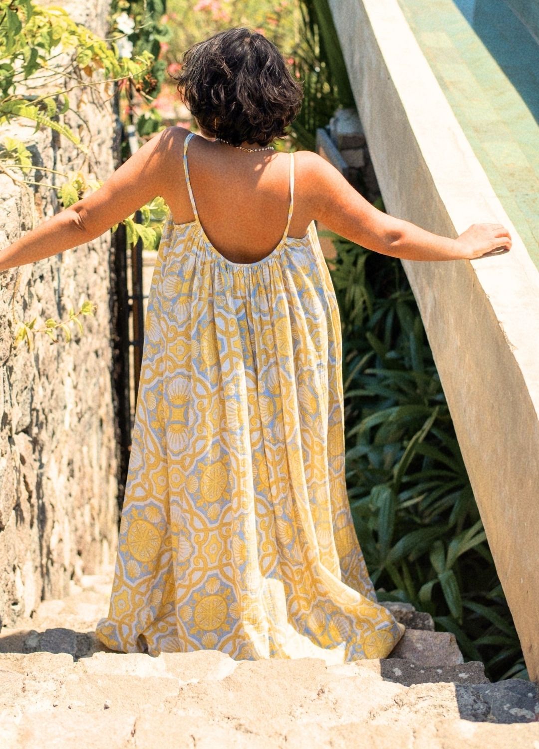 Azul Shell Gathered Maxi, printed maxi dress, flowing silhouette, poolside style, sustainable fashion
