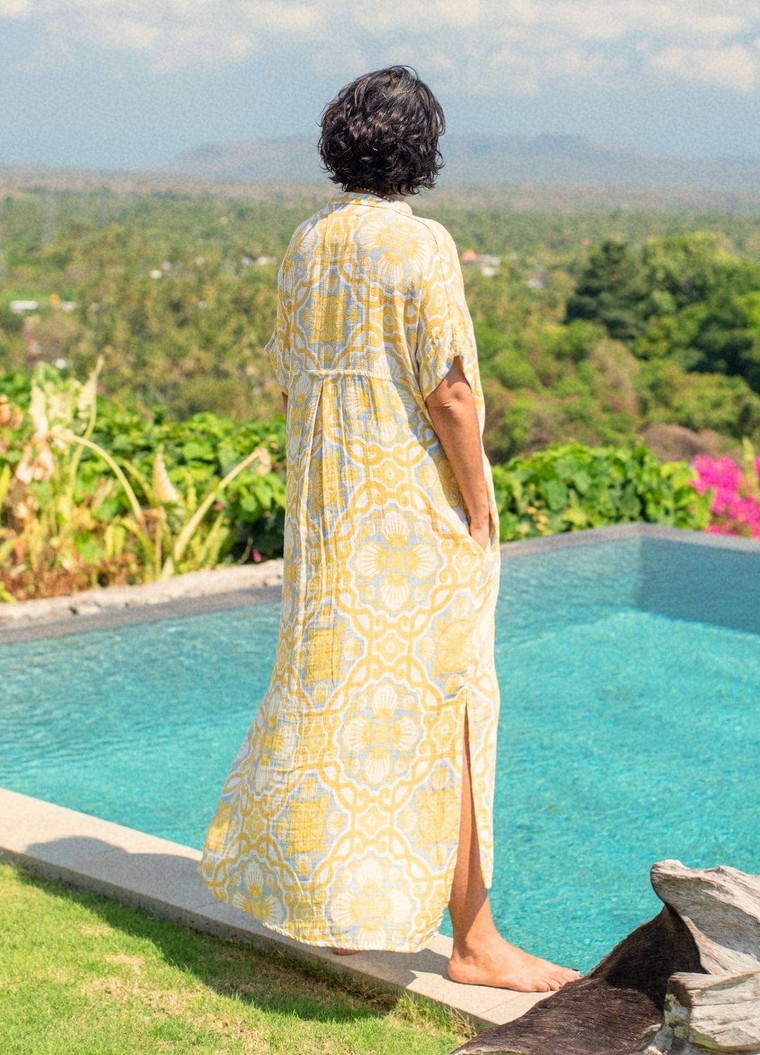 Azul Shell Shirt Kaftan, lightweight organic cotton, shell print, mandarin collar, sustainable fashion, maxi dress