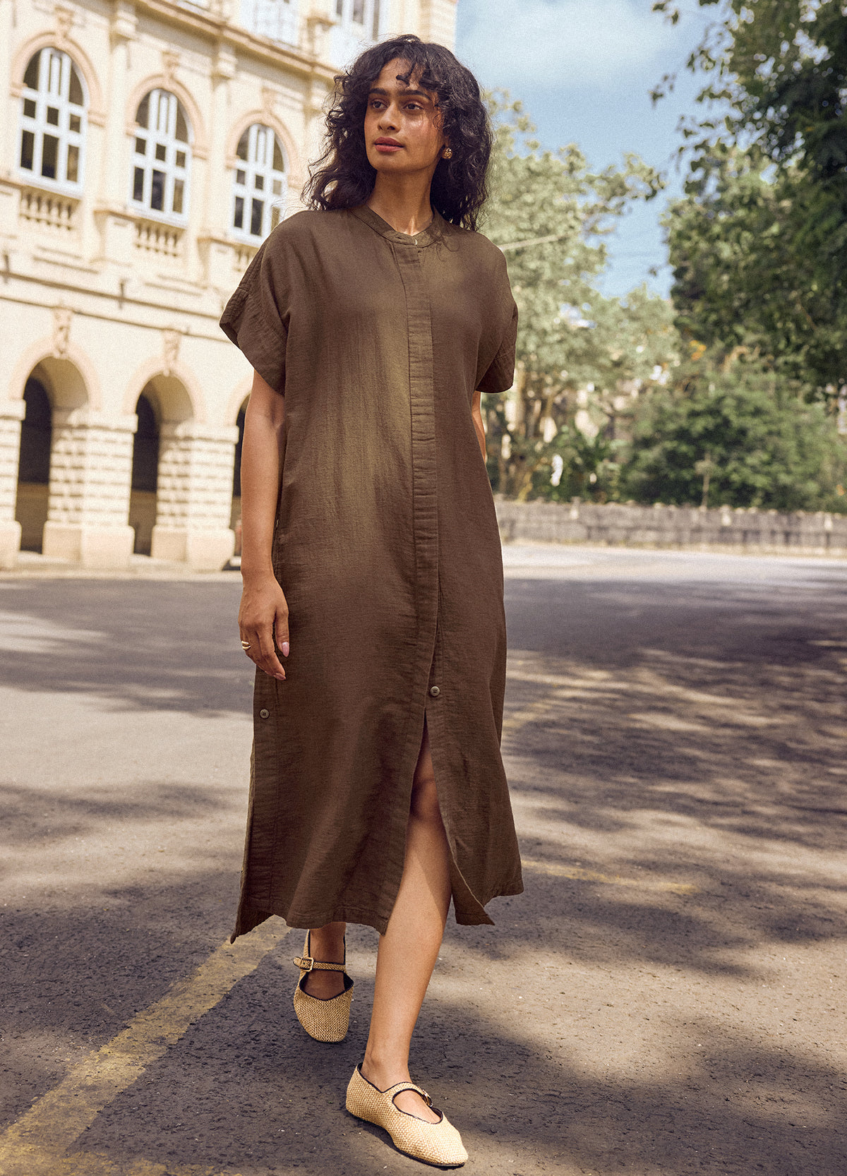 Bark Buttoned Shirt Kaftan in bark brown organic cotton, front view