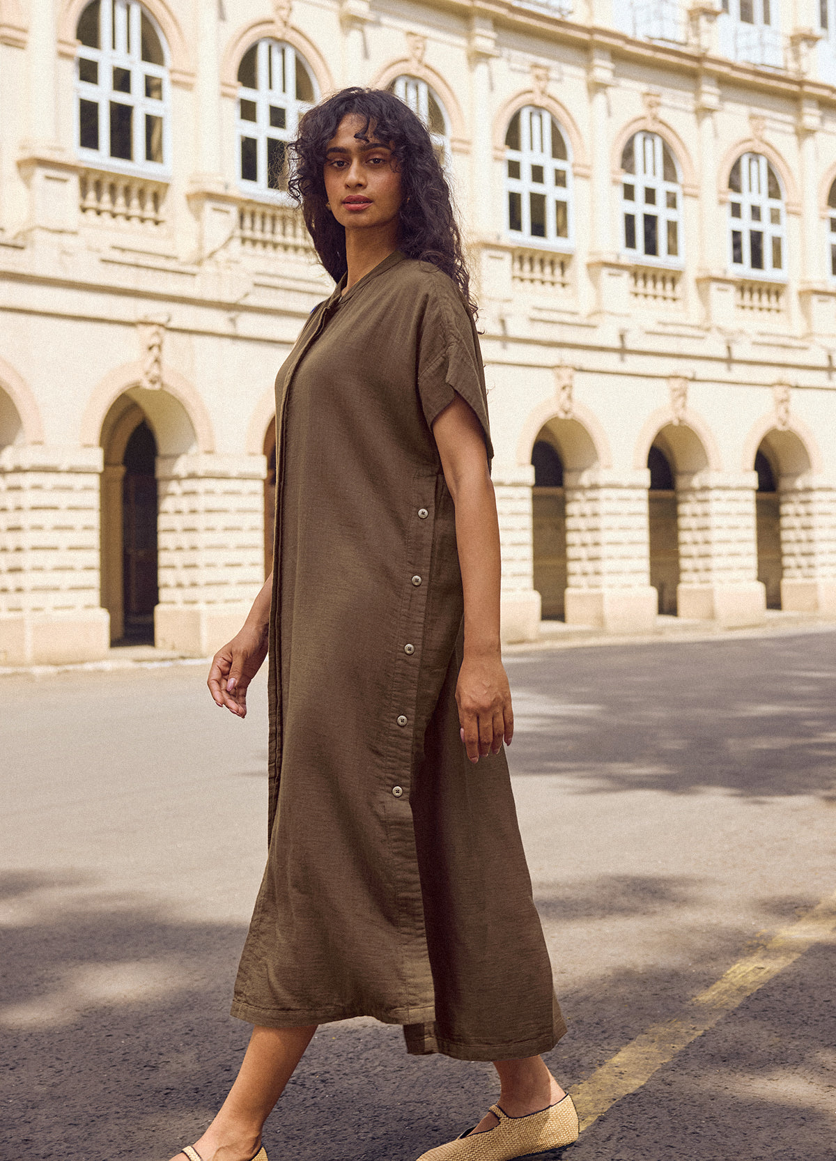 Bark Buttoned Shirt Kaftan, three-quarter front view showing the button placket