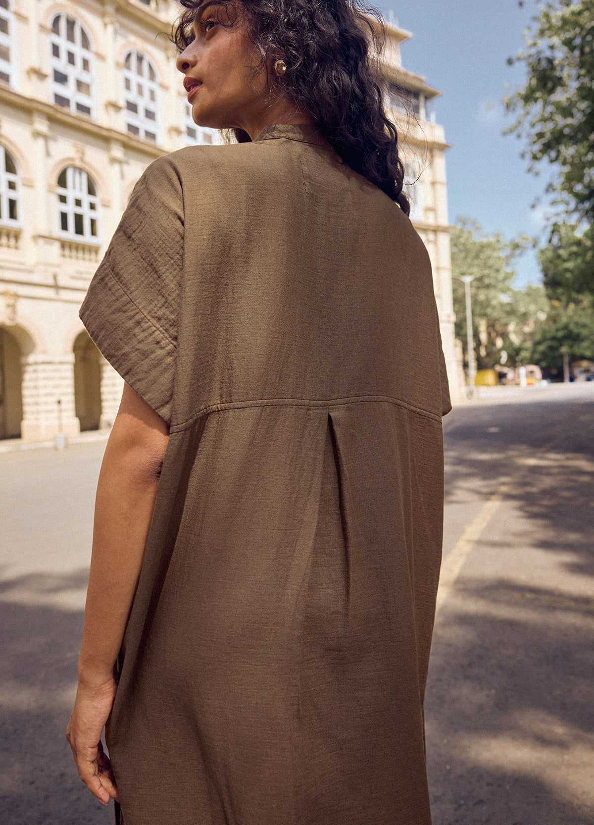 Bark Buttoned Shirt Kaftan, back yoke and box pleat detail