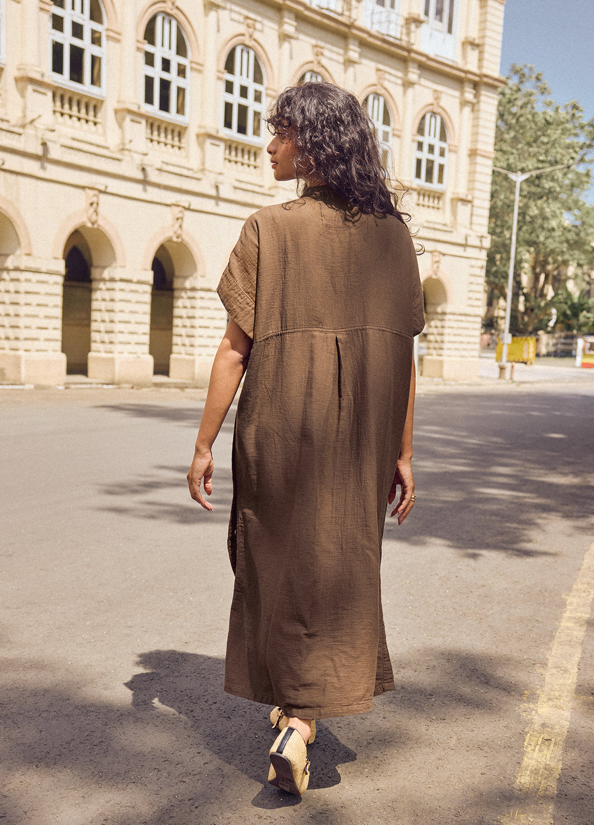 Bark Buttoned Shirt Kaftan, back view showing the relaxed floor-length drape