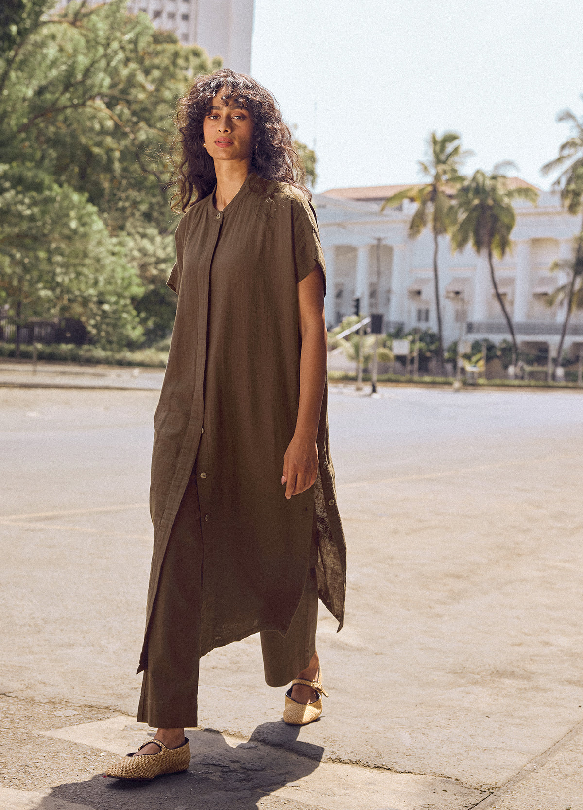Bark Buttoned Shirt Kaftan, full-length front view styled over trousers