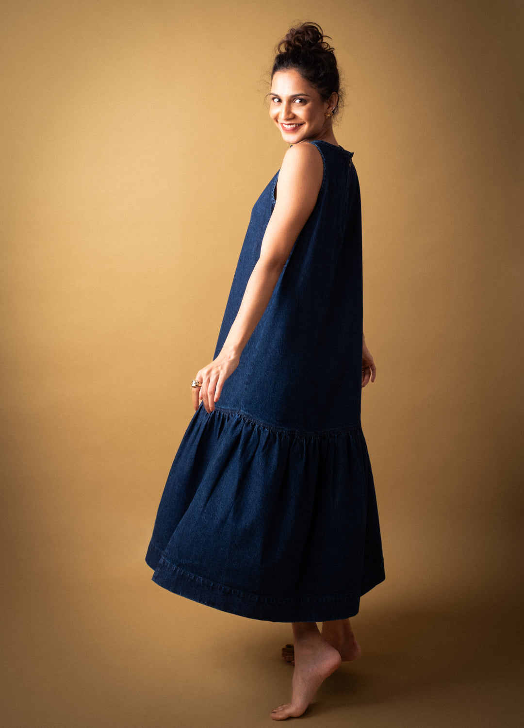 Flounce Blue Tiered Denim Dress For Women Online