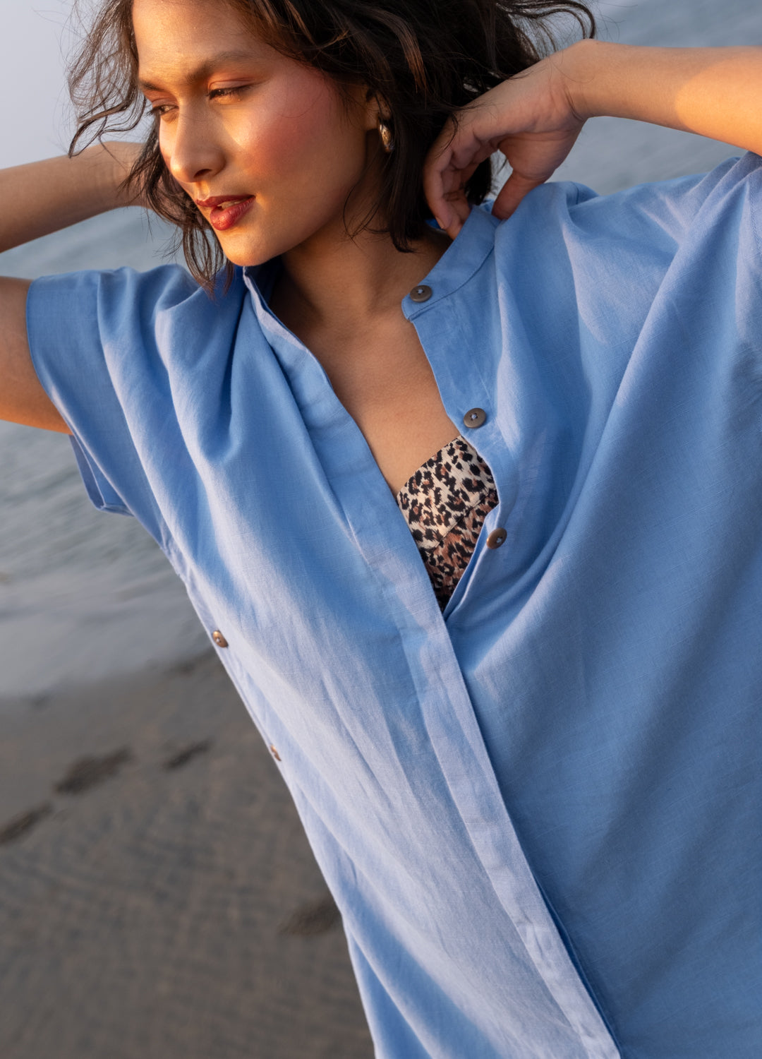 Dimple Linen Dress In Cobalt