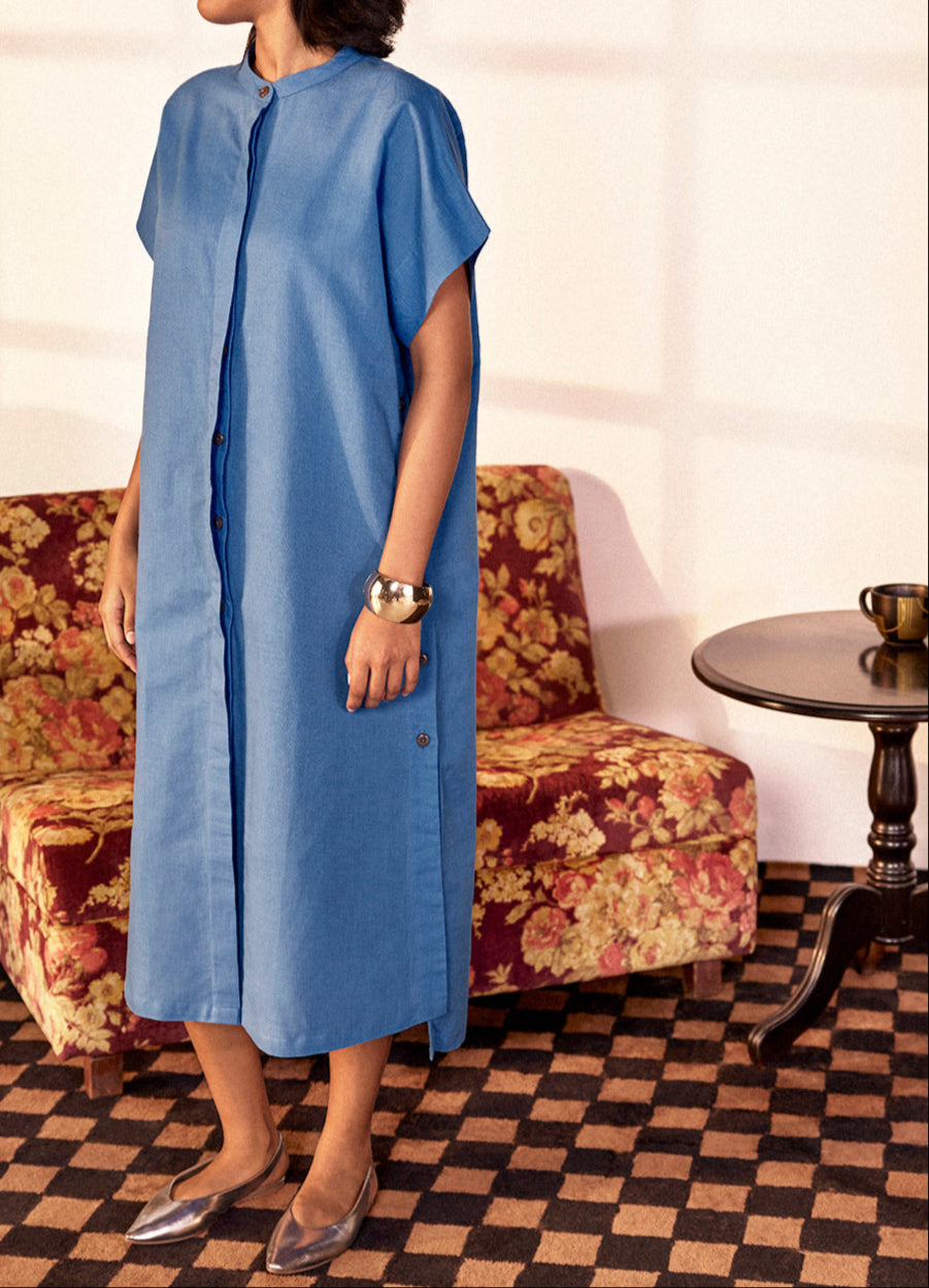 Dimple Linen Dress In Cobalt