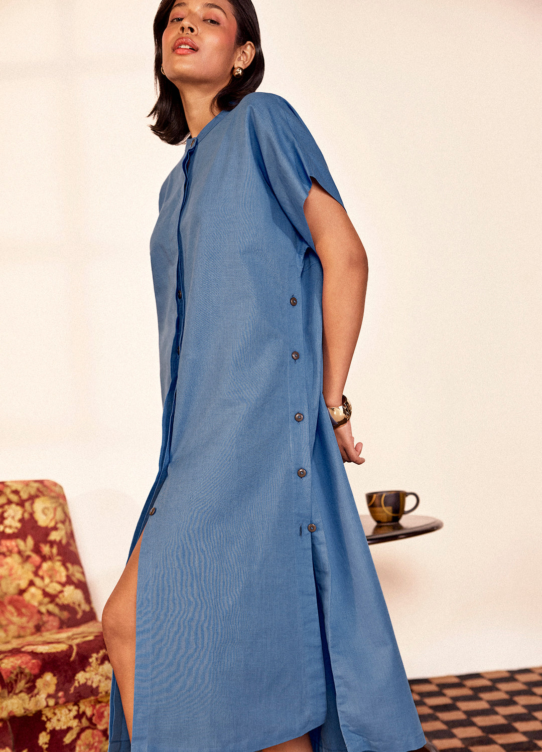 Dimple Cobalt Blue Cotton Linen Dress For Women Online