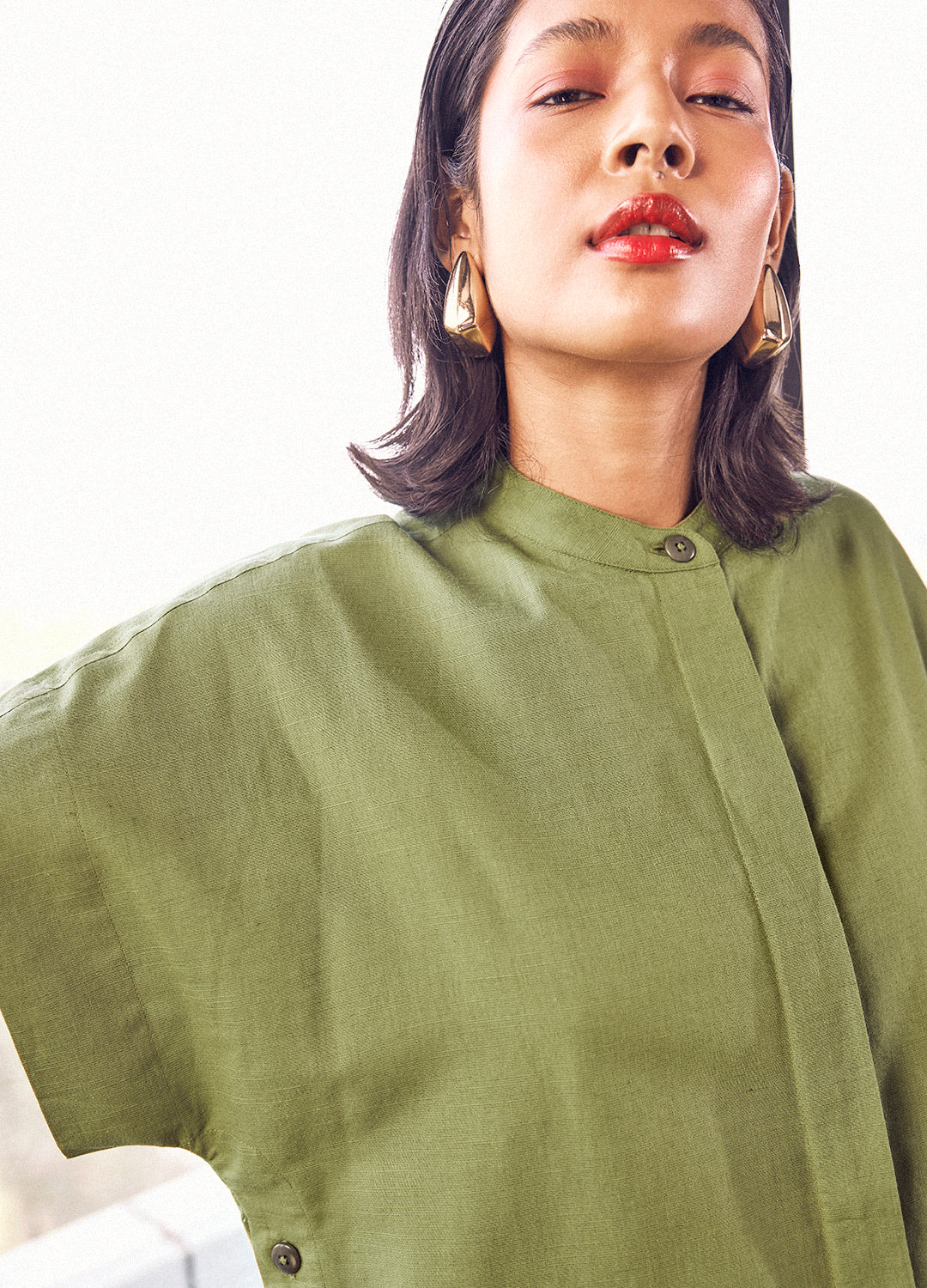 Dimple Olive Cotton Linen Dress For Women Online