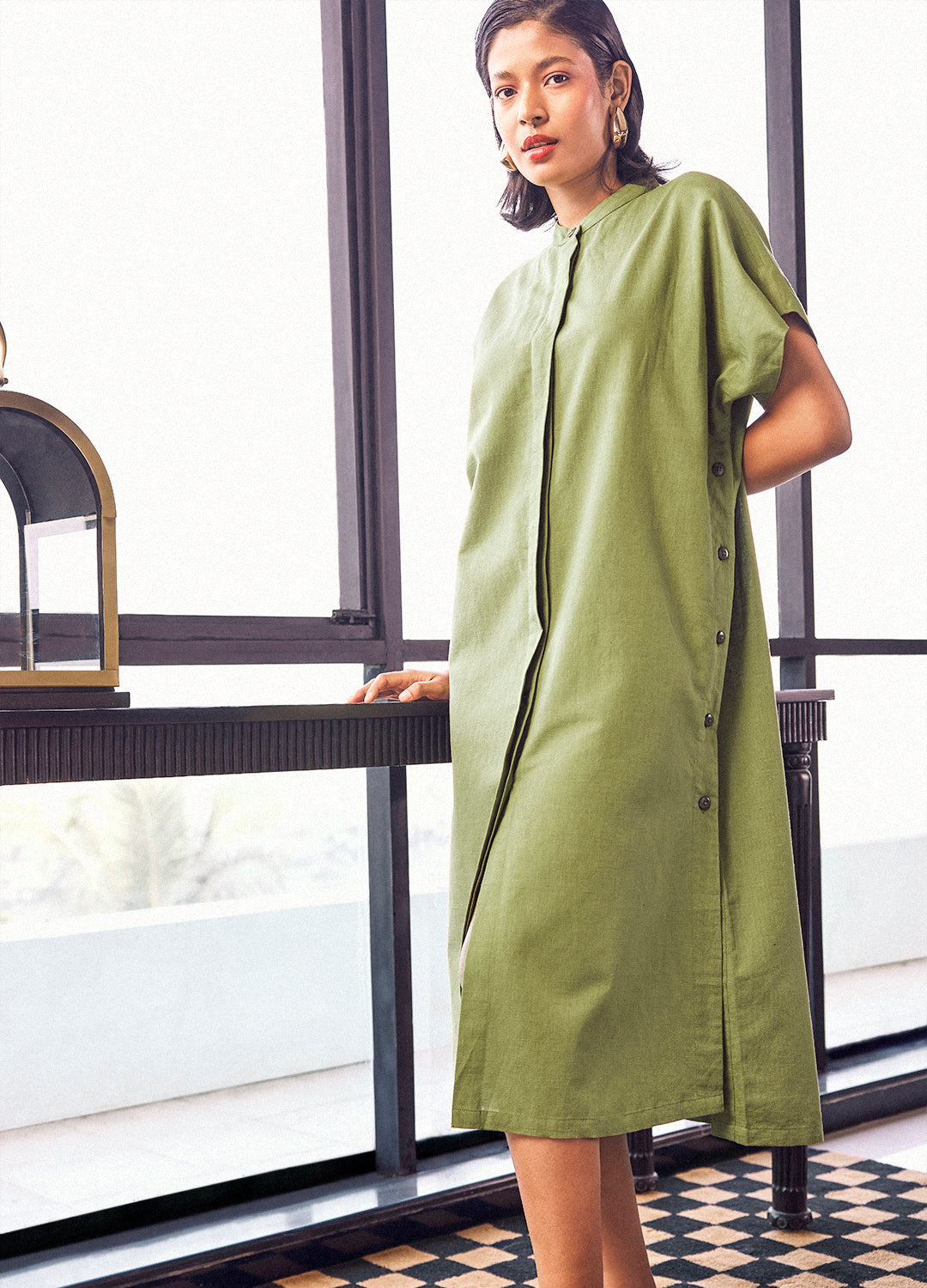 Dimple Linen Dress In Olive