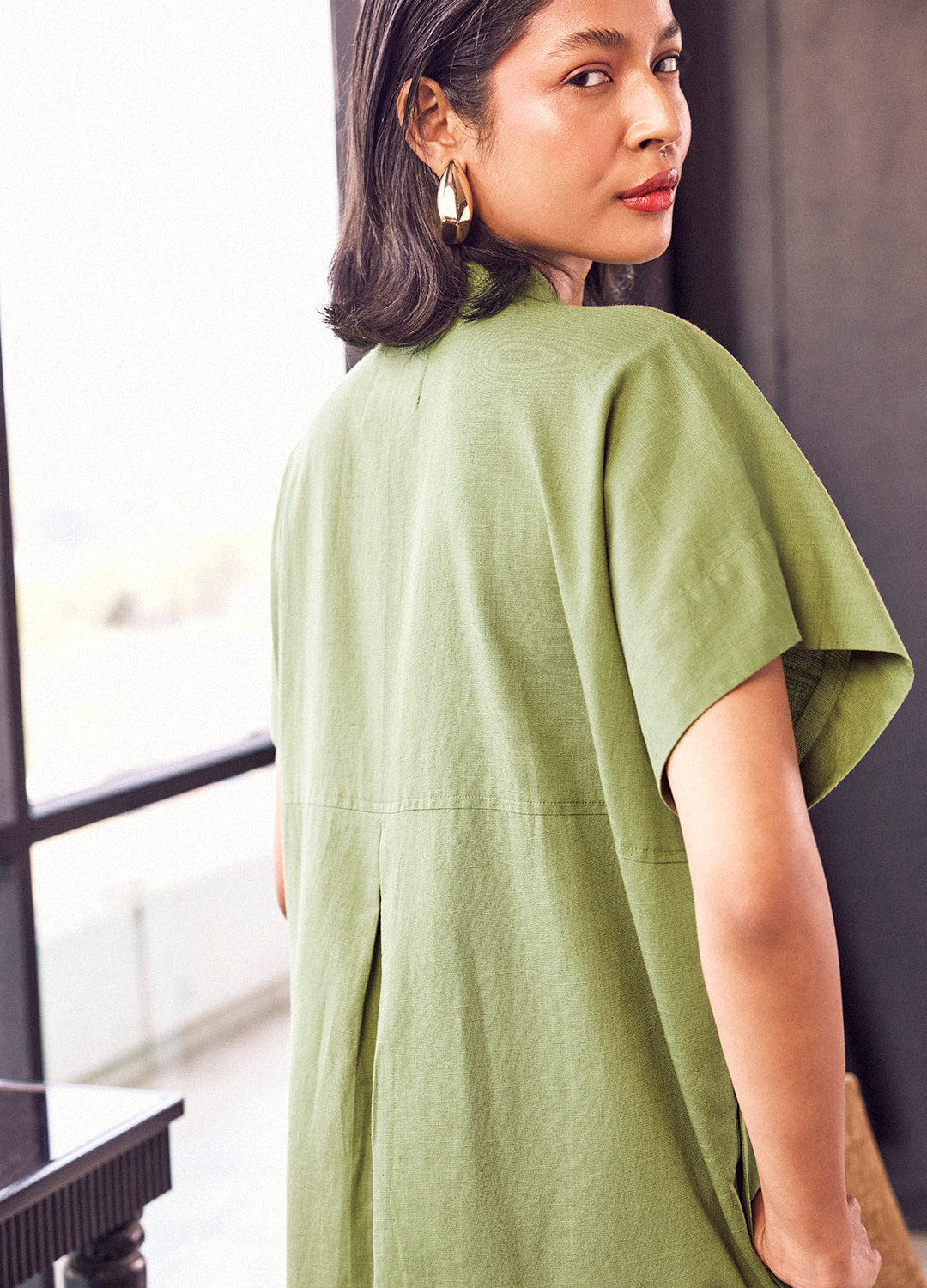 Dimple Linen Dress In Olive