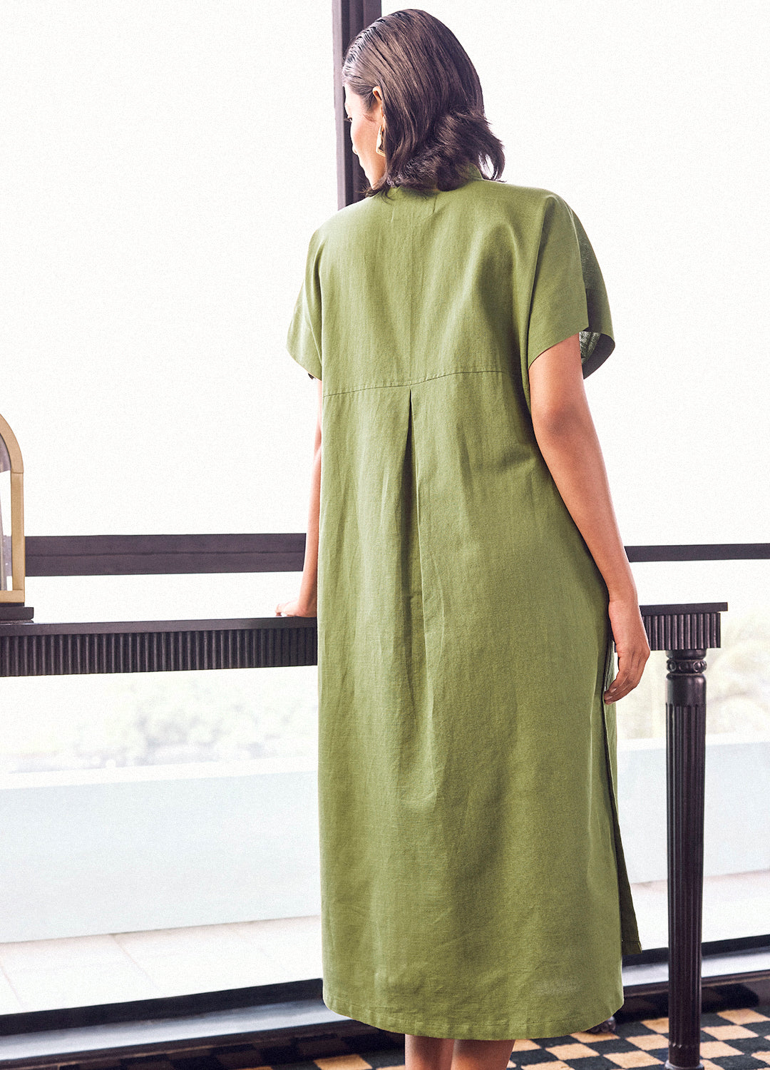 Dimple Linen Dress In Olive