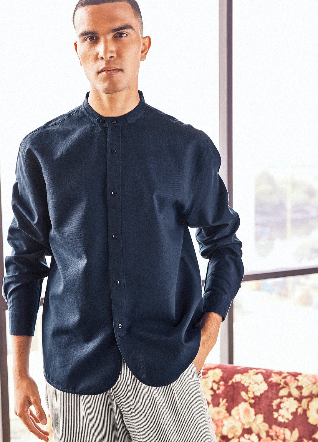 Feroz Navy Cotton Linen Shirt For Men Online