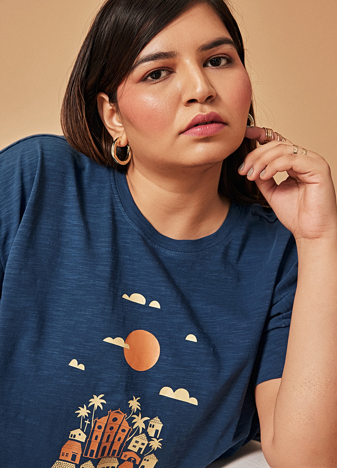 Goan Blue Printed Organic Cotton Round Neck Oversized T Shirt For Women XXS-XS