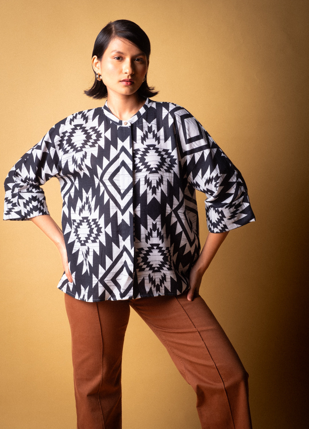 Greca Black Organic Cotton Kimono Shirt For Women Online