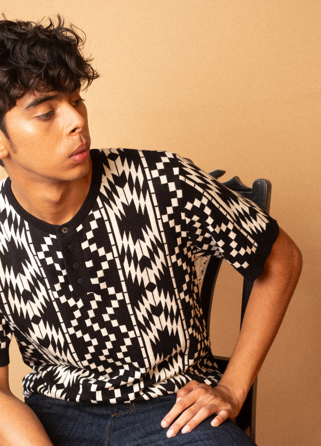 Greca Black Organic Cotton Henley Tshirt For Men Online