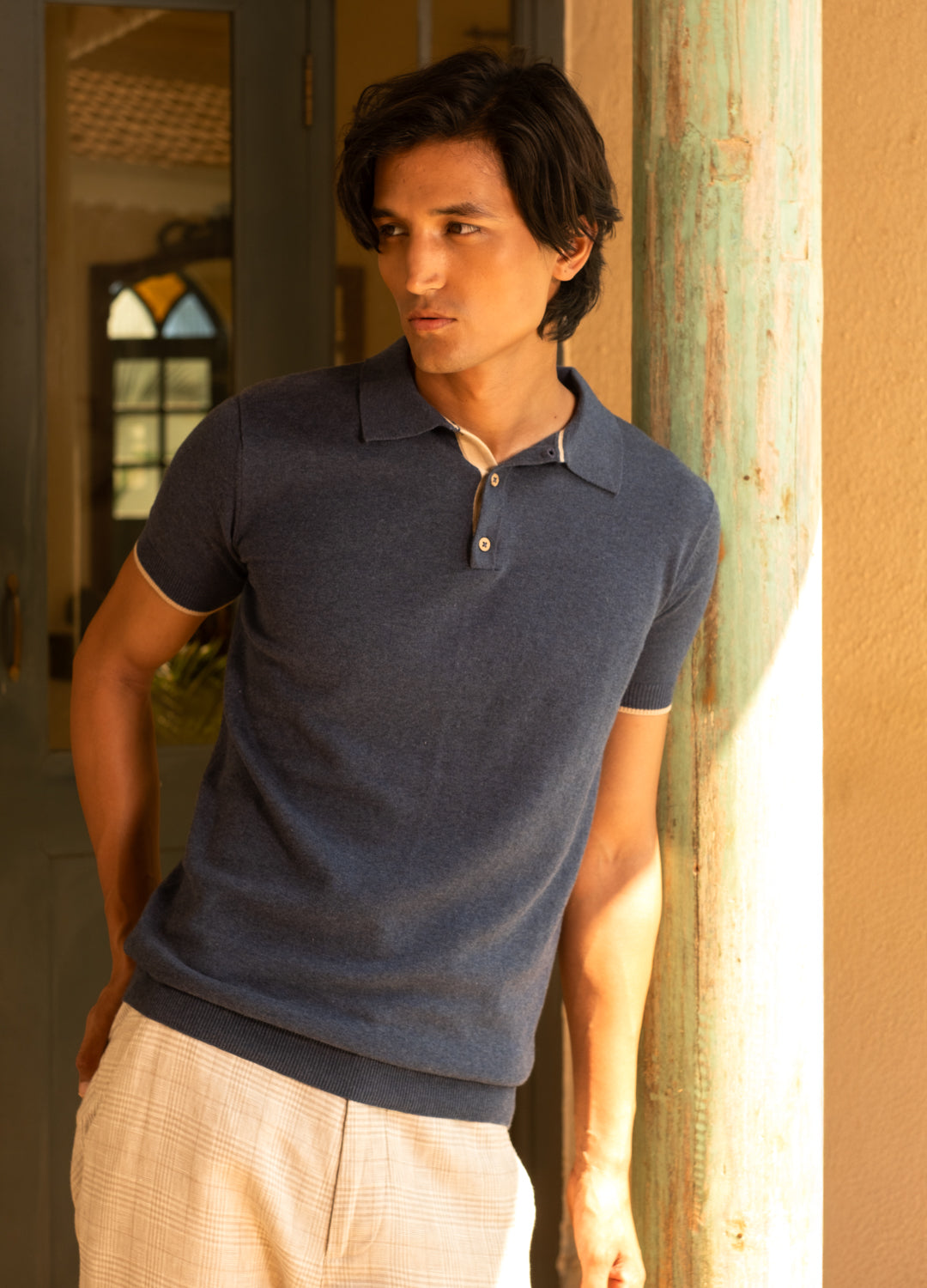 Infinity Blue Organic Cotton Knit Polo T-Shirt For Men Online