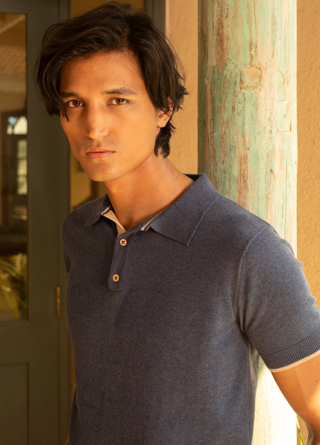 Infinity Blue Organic Cotton Knit Polo T-Shirt For Men Online