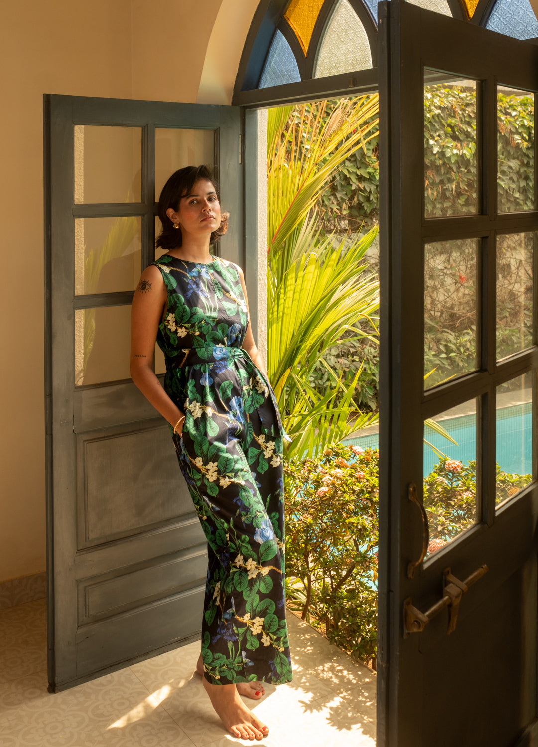 Jasmine Blue Organic Cotton Belted Jumpsuit For Women Online