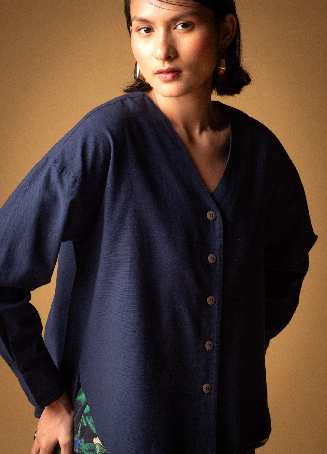 Midnight Blue Organic Cotton Buttoned Blouse Shirt For Women Online