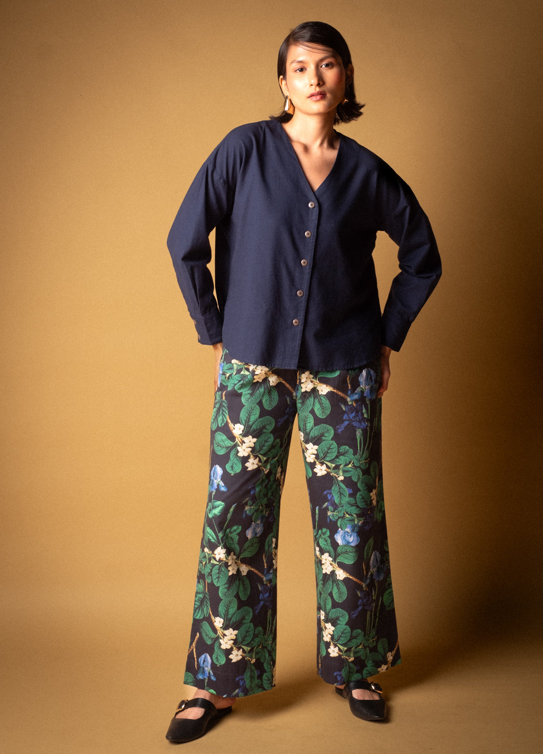 Midnight Blue Organic Cotton Buttoned Blouse Shirt For Women Online