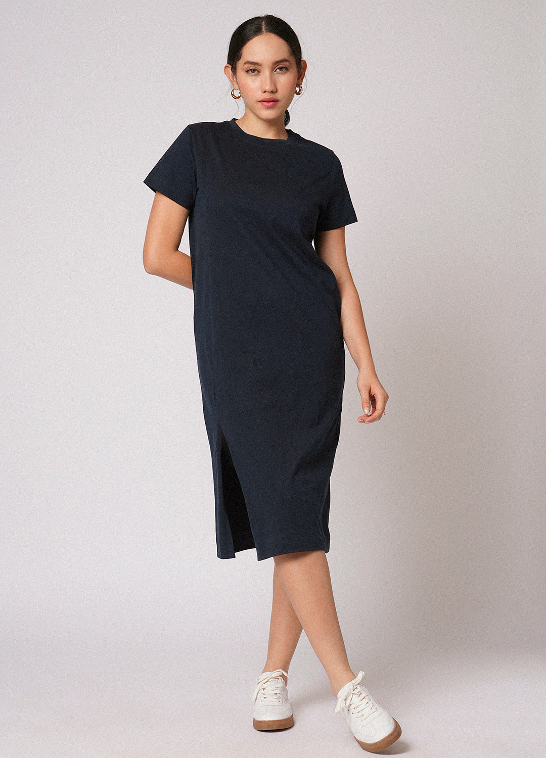 Navy Blue Organic Cotton T-Shirt Midi Dress For Women Online