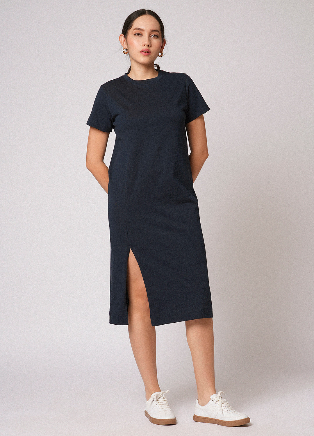 Navy Blue Organic Cotton T-Shirt Midi Dress For Women Online