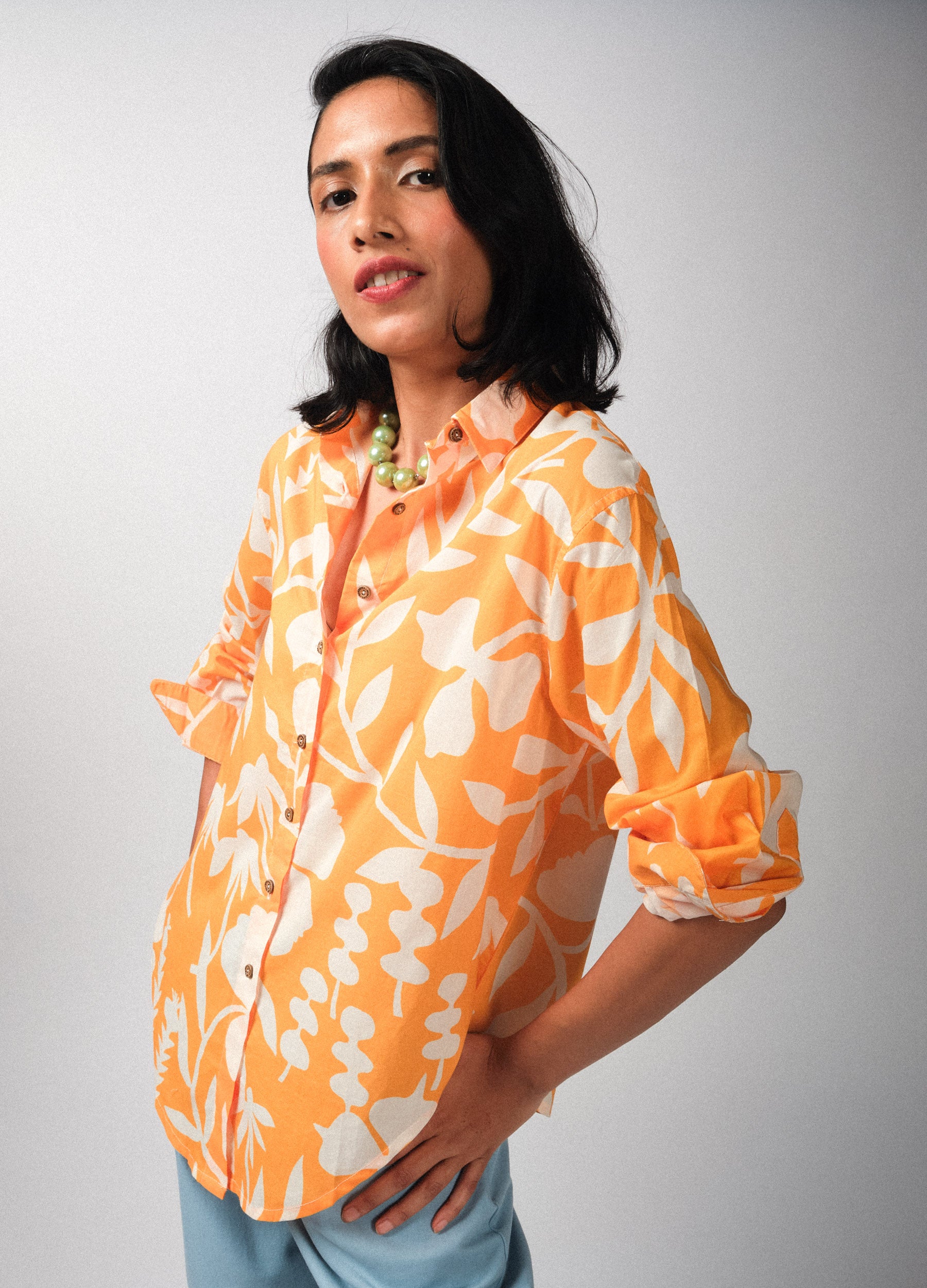 Apricot Orange Garden Girlfriend Oversized Printed Shirt For Women Online