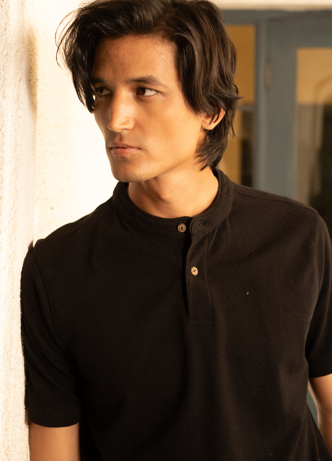 Noir Half-Sleeve Pique Henley
