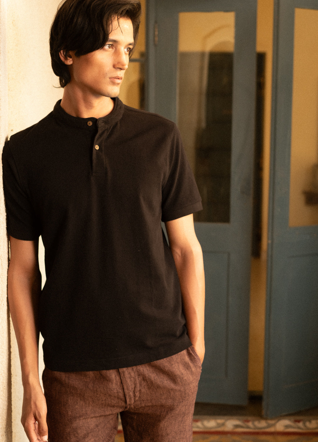 Noir Half-Sleeve Pique Henley