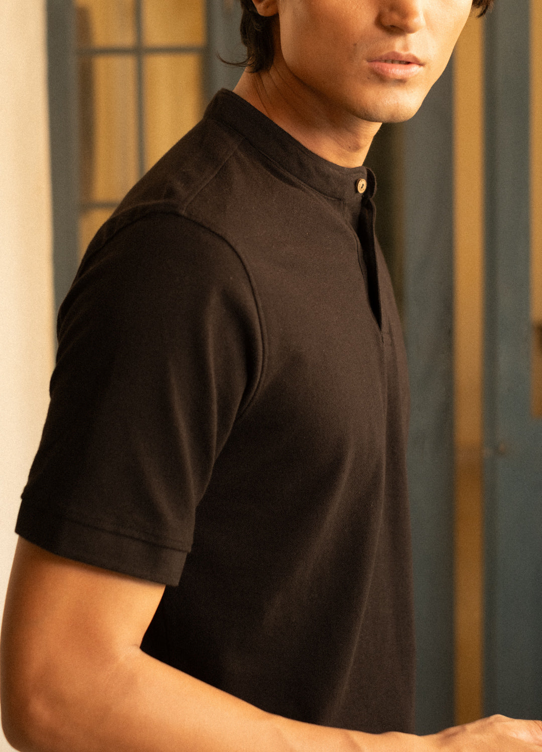 Noir Half-Sleeve Pique Henley