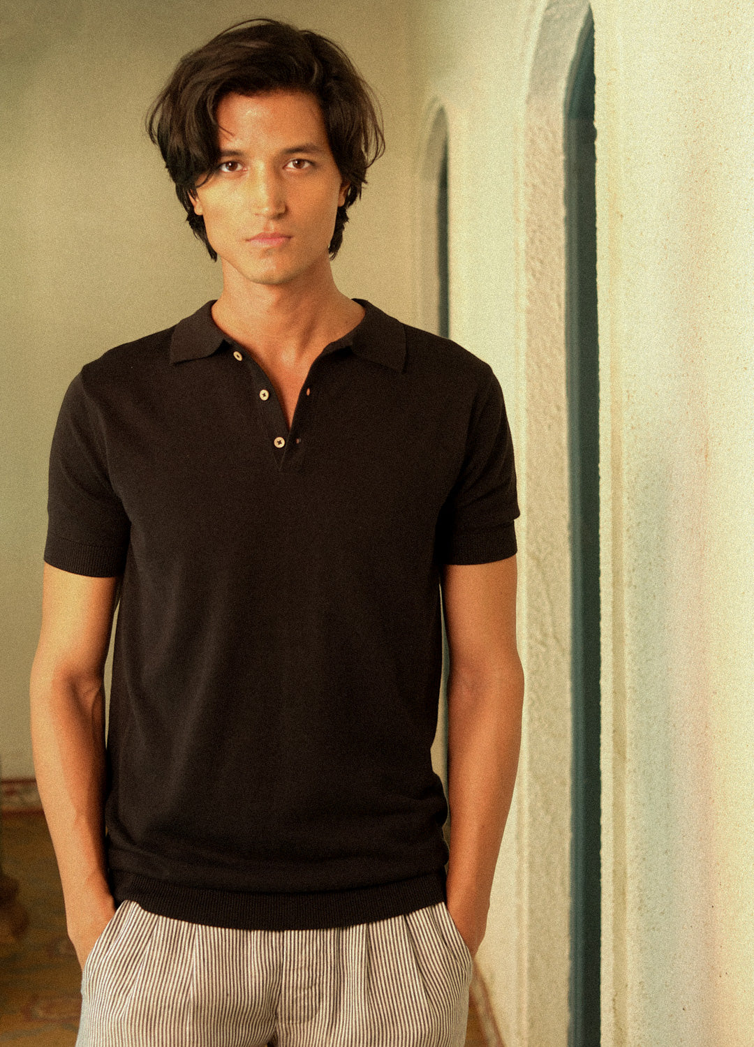 Noir Black Organic Cotton Knit Polo T-Shirt For Men Online