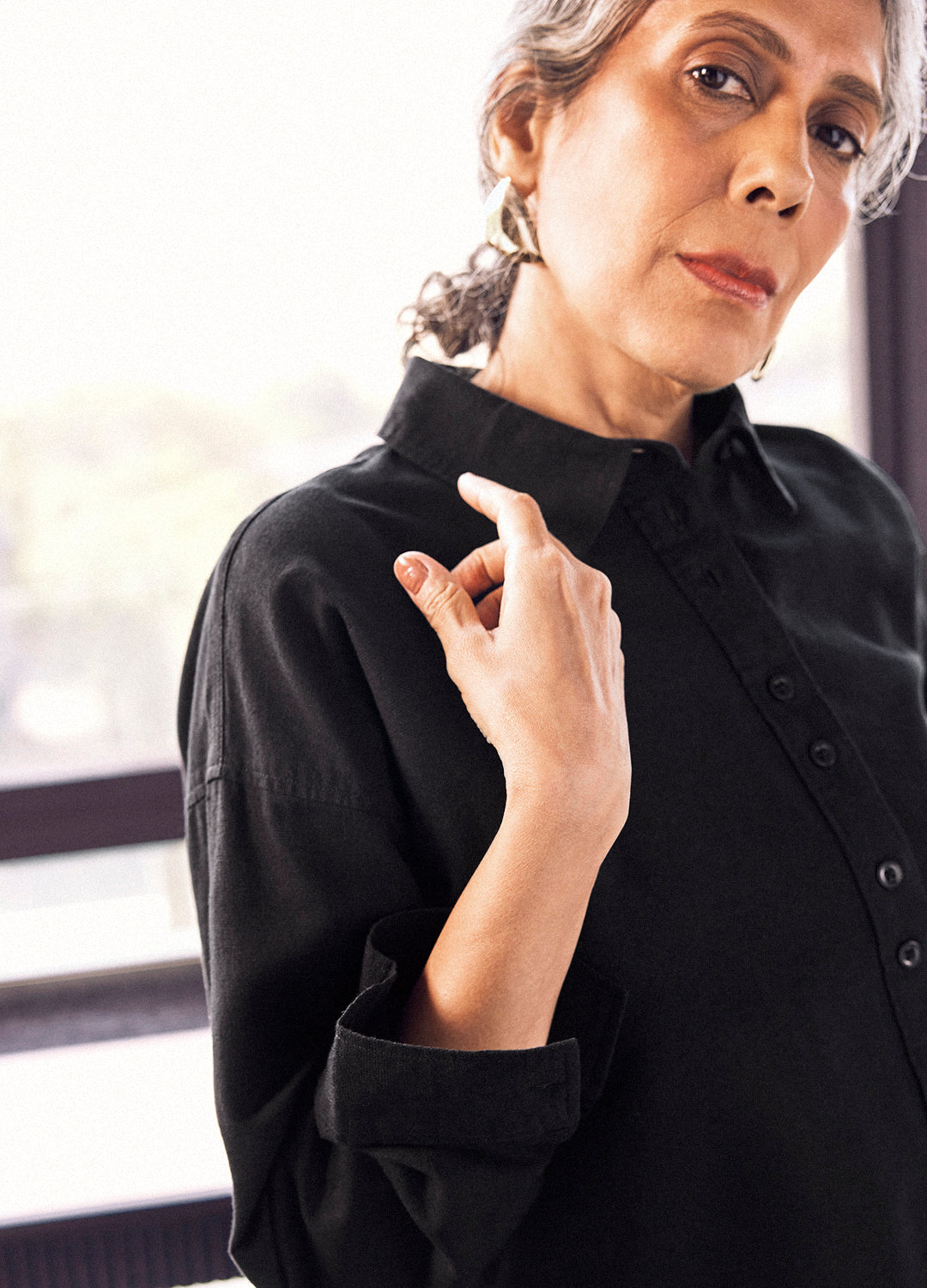 Nutan Coal Black Cotton Linen Shirt For Women Online