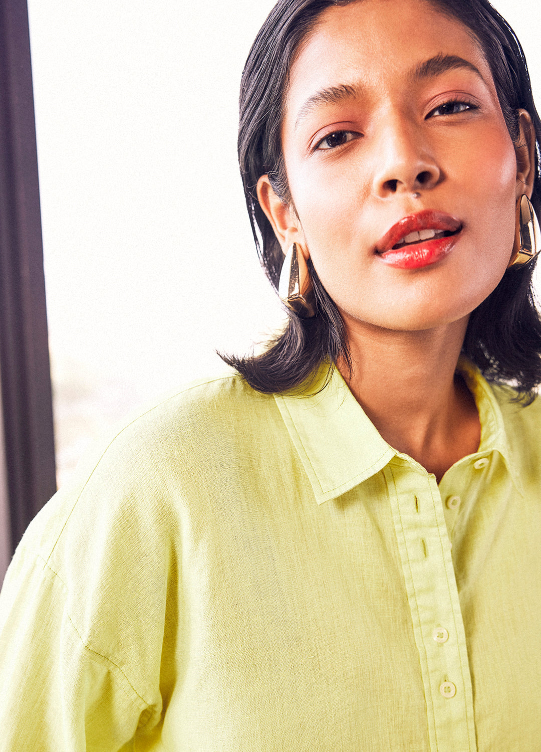 Nutan Lime Green Cotton Linen Shirt For Women Online