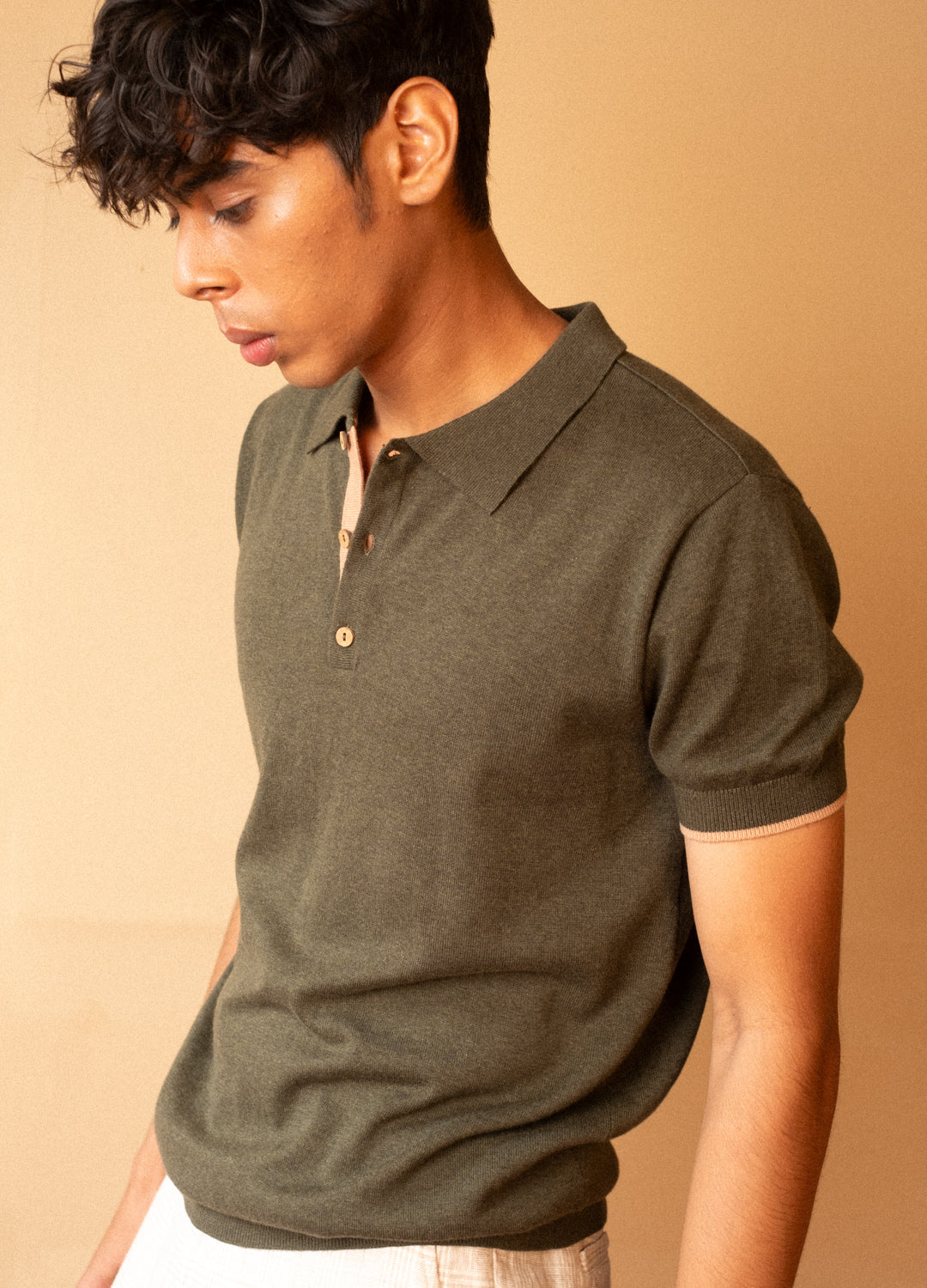 Olive Green Organic Cotton Knit Polo T-Shirt For Men Online