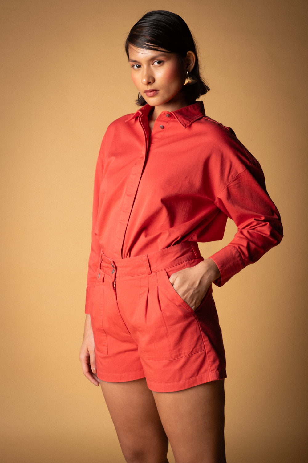 Poppy Red Tailored Organic Cotton Shorts For Women Online