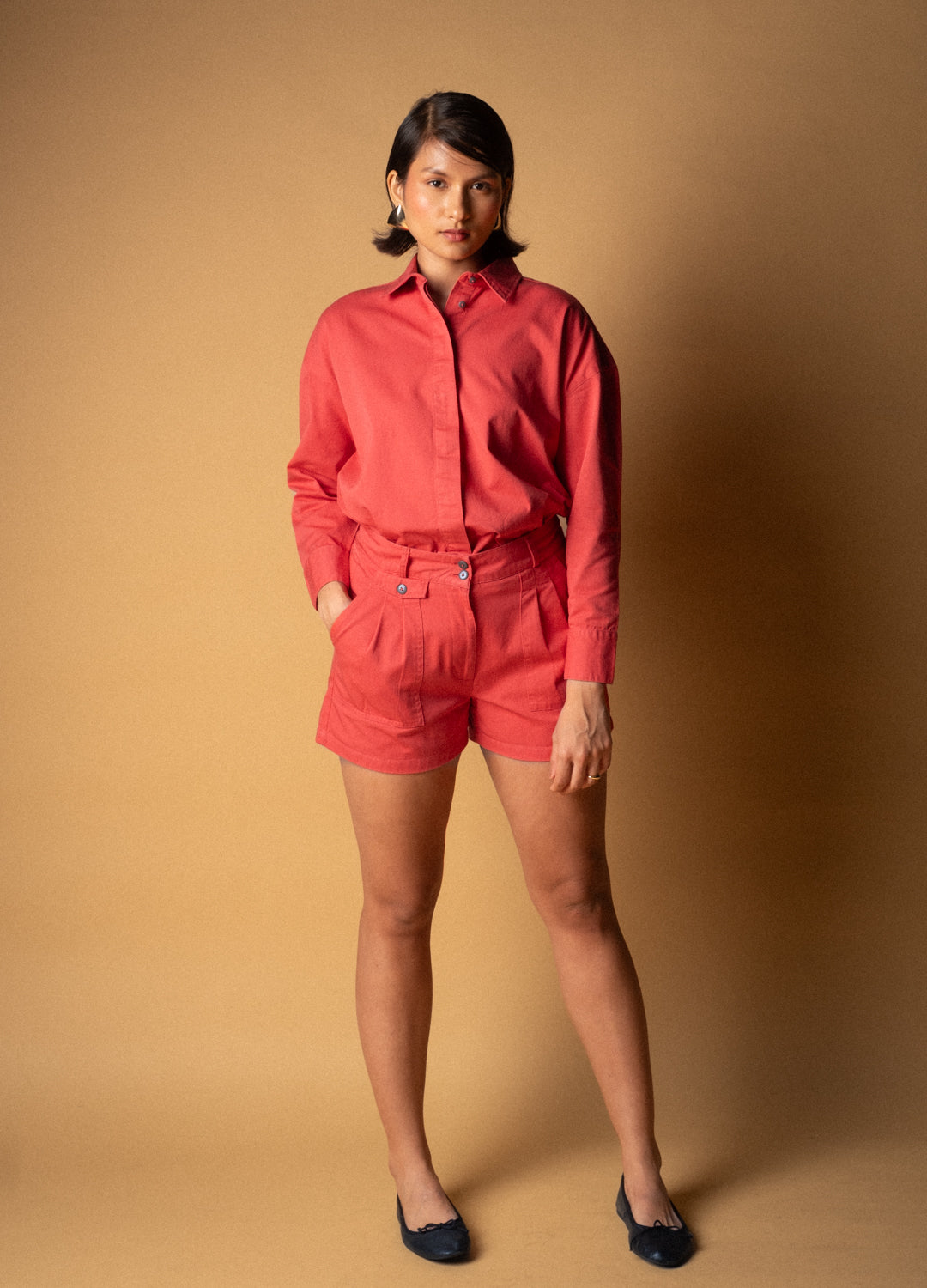 Poppy Red Tailored Organic Cotton Shorts For Women Online