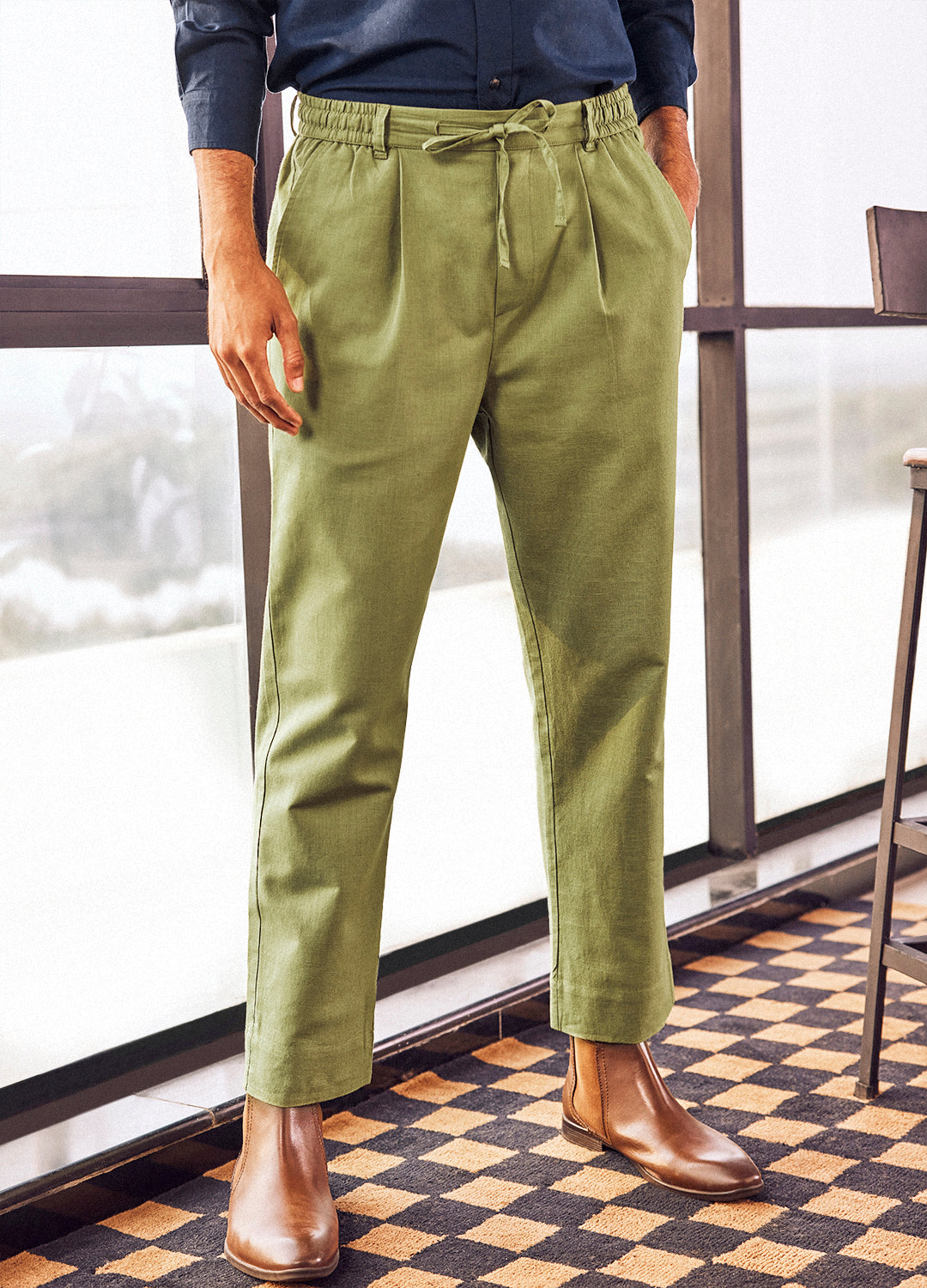 Rafi Olive Green Cotton Linen Pants For Men Online