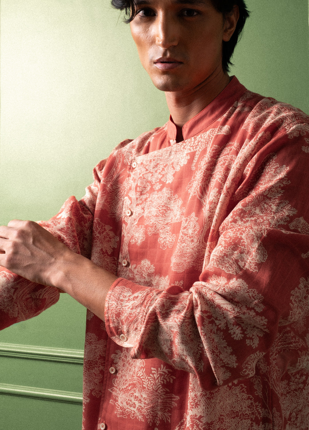 Rouge Red Toile Organic Cotton Mandarin Collar Kurta for Men Online