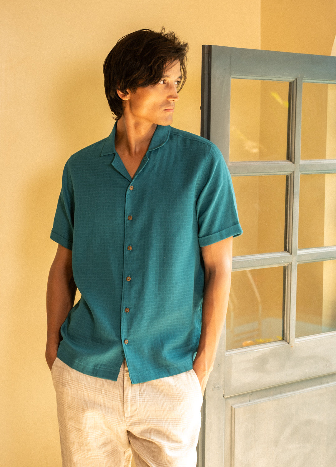 Sea Blue Muslin Organic Cuban Shirt For Men Online