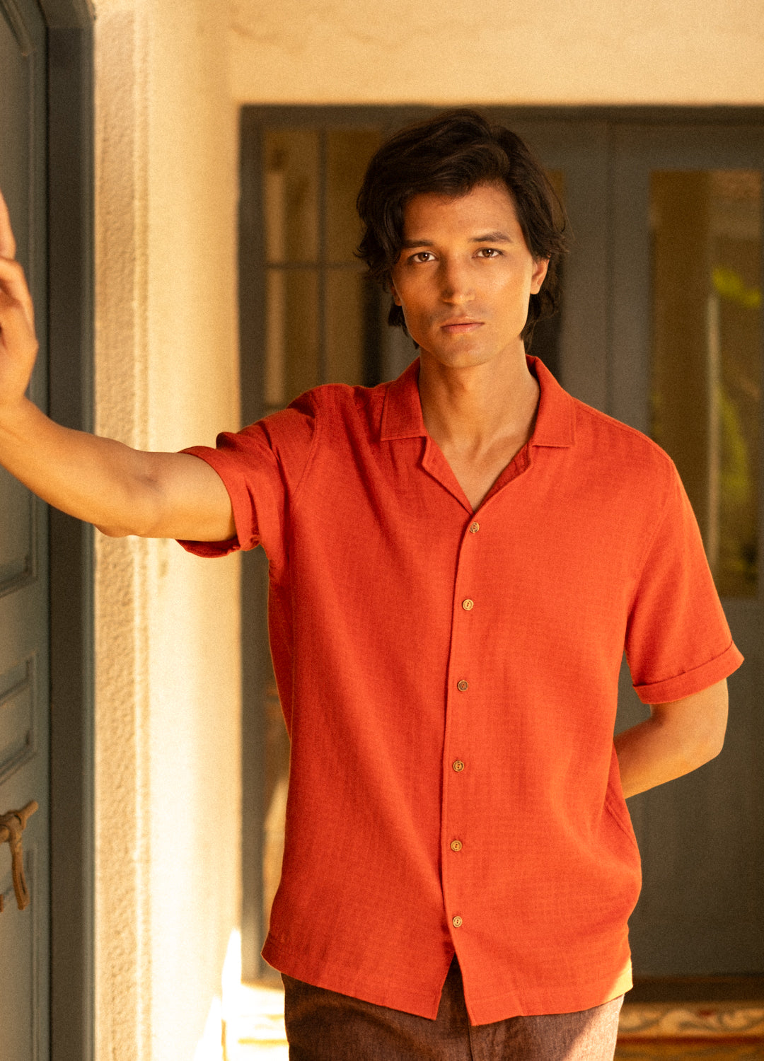 Sienna Orange Muslin Organic Cuban Shirt For Men Online