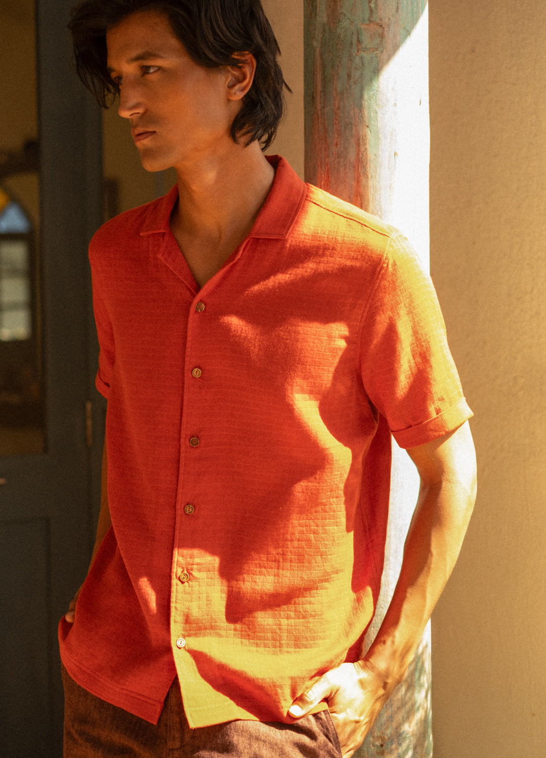 Sienna Orange Muslin Organic Cuban Shirt For Men Online