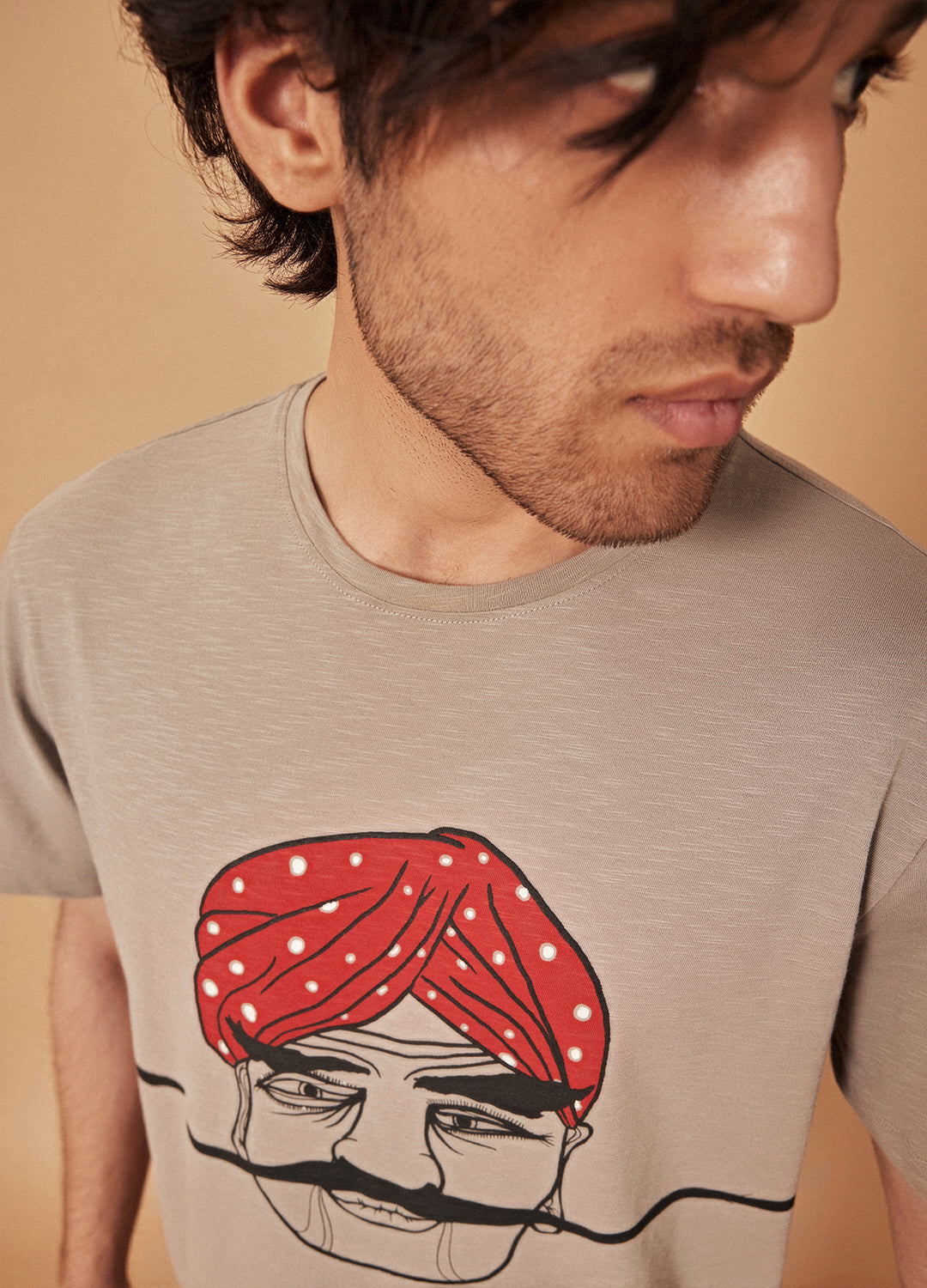 Stache Beige Quirky Print Organic Cotton Classic Tee For Men Online