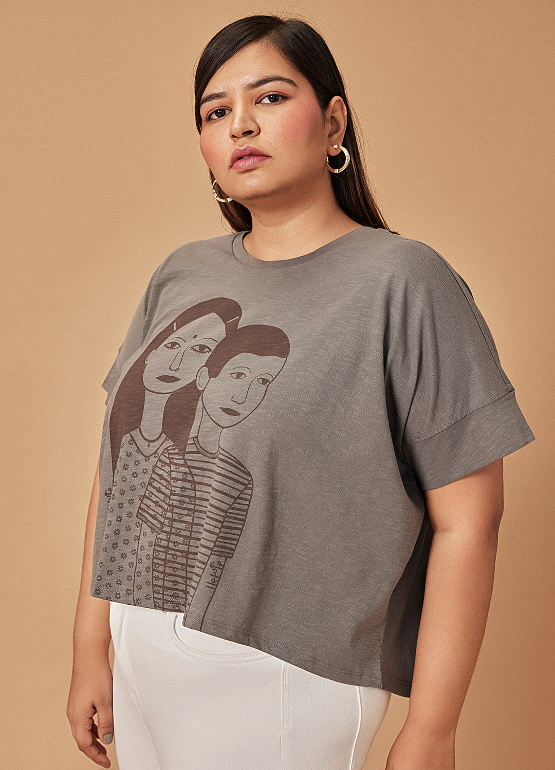 Goan Blue Printed Organic Cotton Round Neck Oversized T Shirt For Women XXS-XS