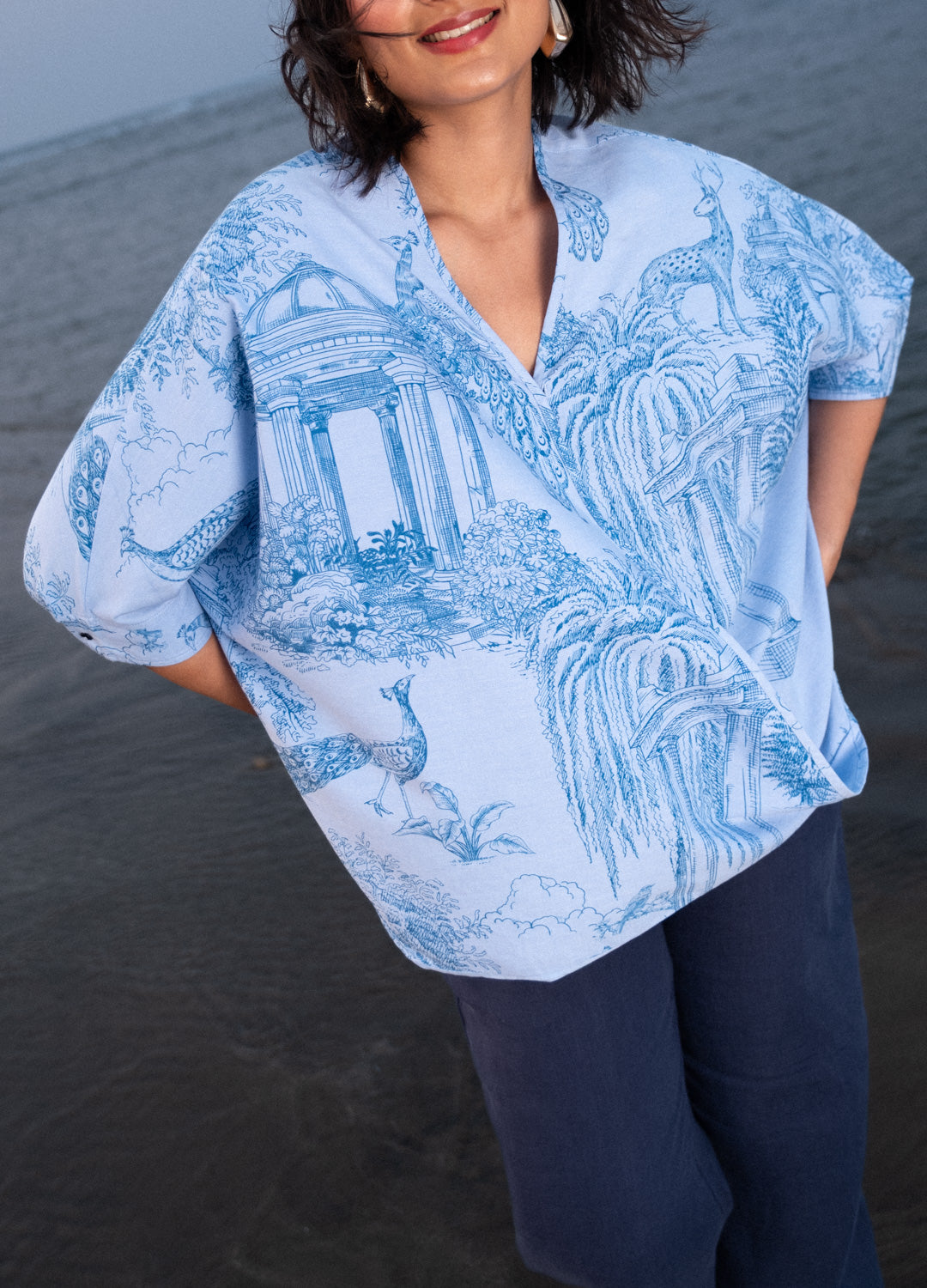 Varandah Blue Organic Cotton Wrap Blouse For Women Online