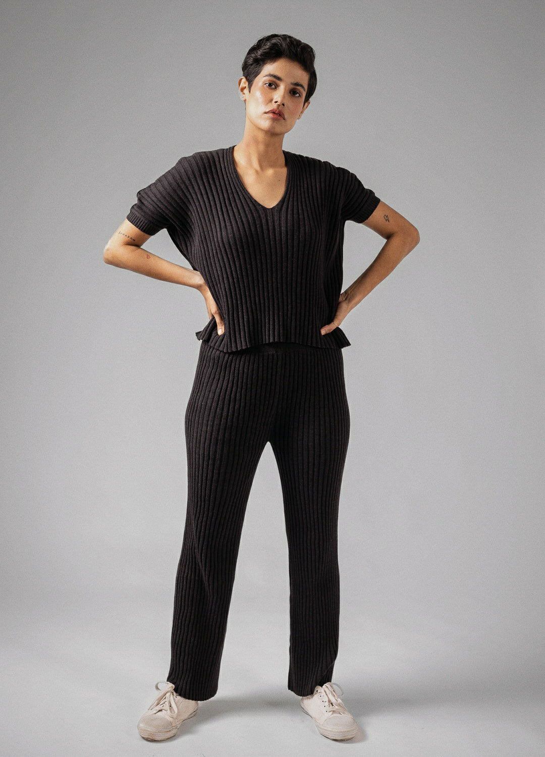 Charcoal Black Knit Flared Winter Pants For Women