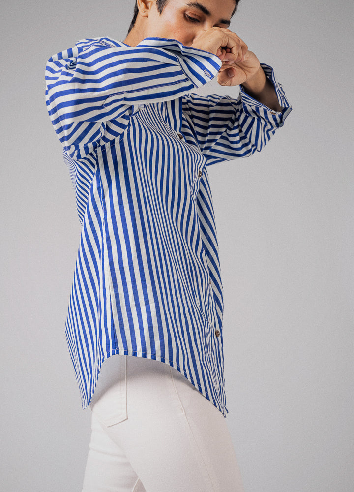 Cobalt Anywhere Blue Stripe Cotton Summer Shirt For Women Online