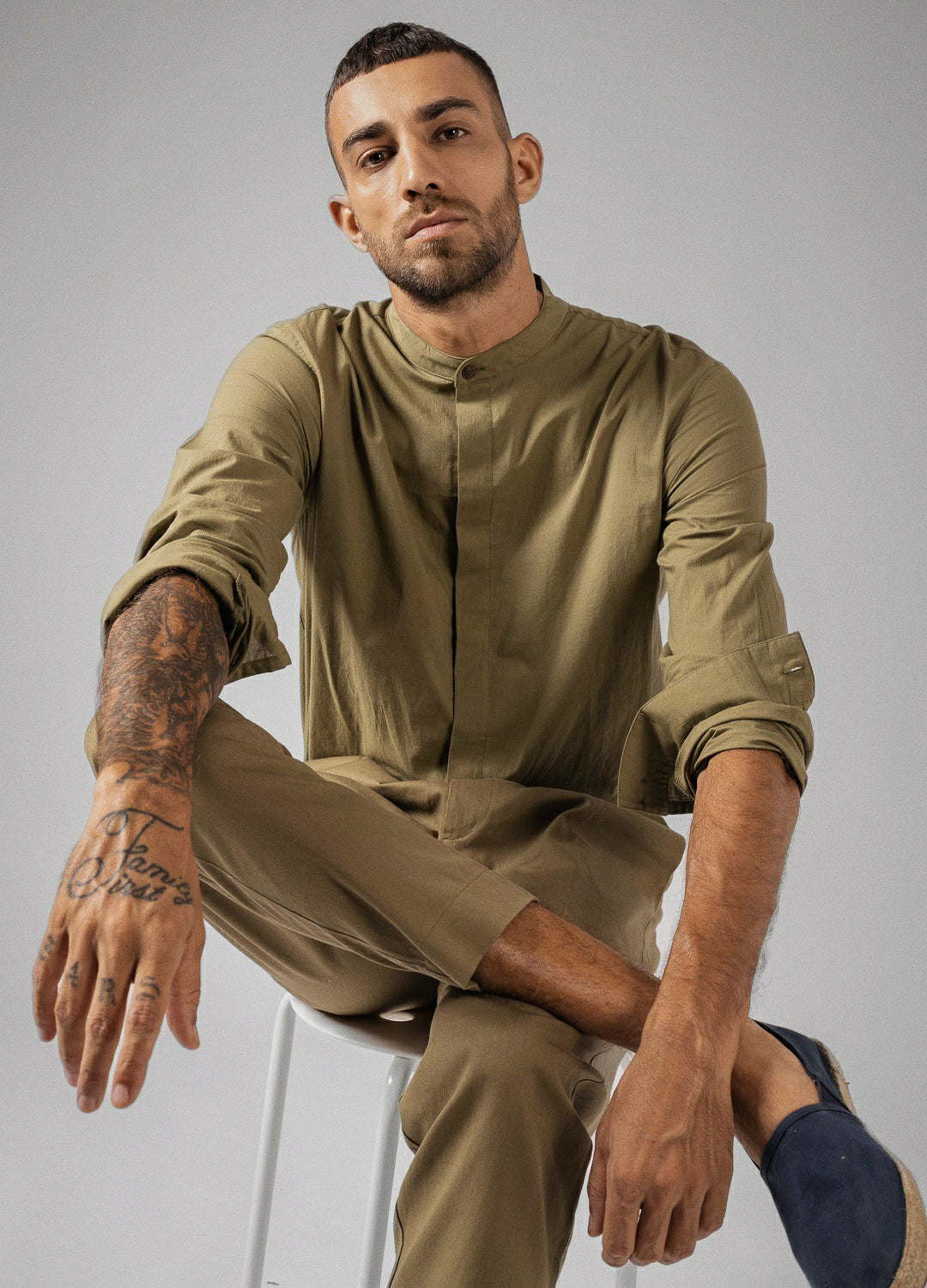Olive Organic Cotton Full Sleeve Mandarin Shirt For Men Online