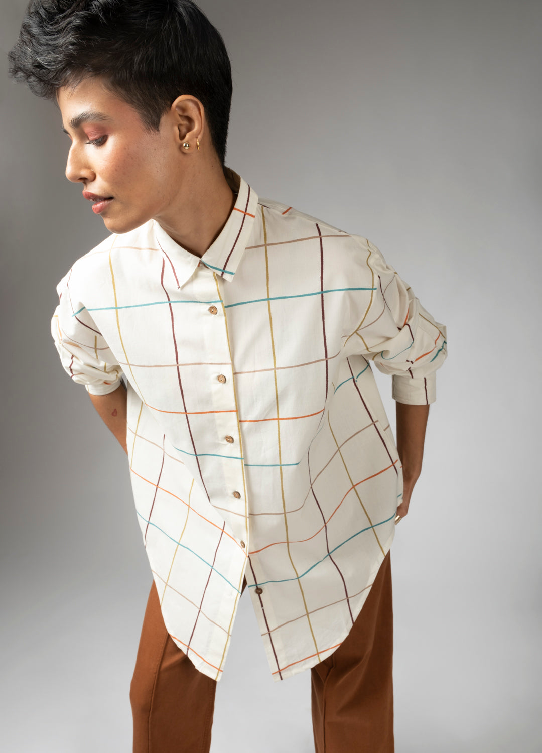 Plaid White Organic Cotton Checkers Shirt Dress For Women Online