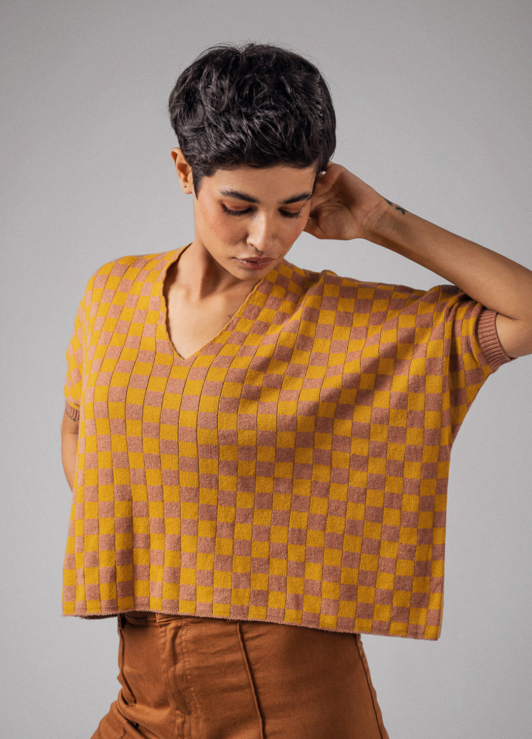 Rhubarb Checker Yellow Organic Cotton Knit Top For Women Online