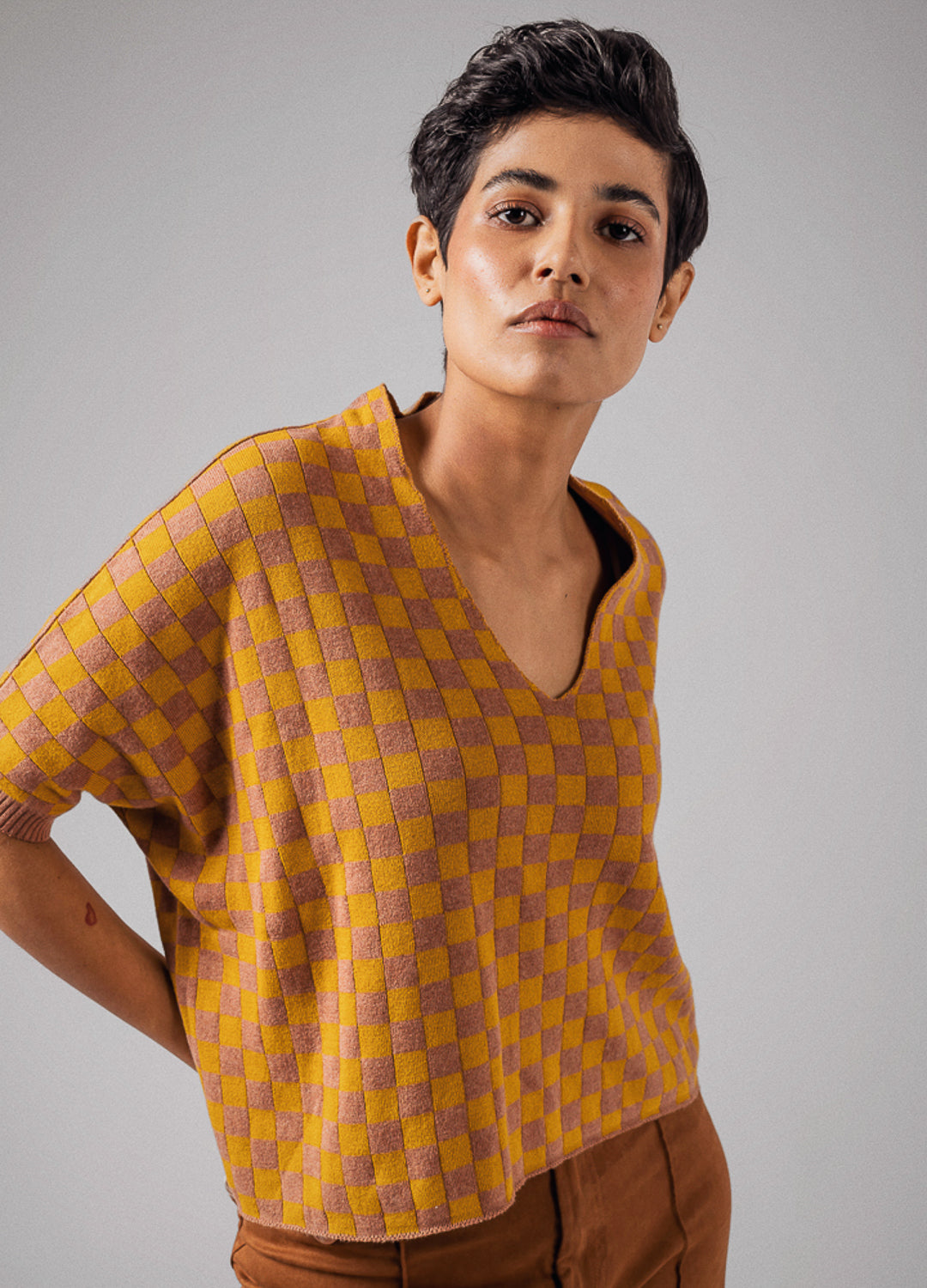 Rhubarb Checker Yellow Organic Cotton Knit Top For Women Online